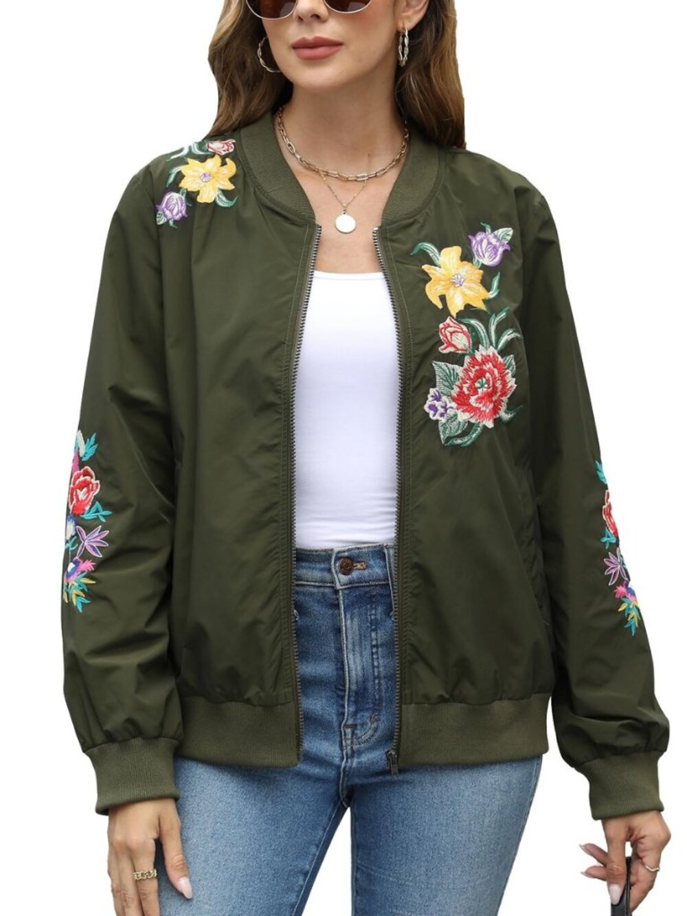 embroidery Jackets for Women Bomber Satin Floral Embroidered Mexican Style